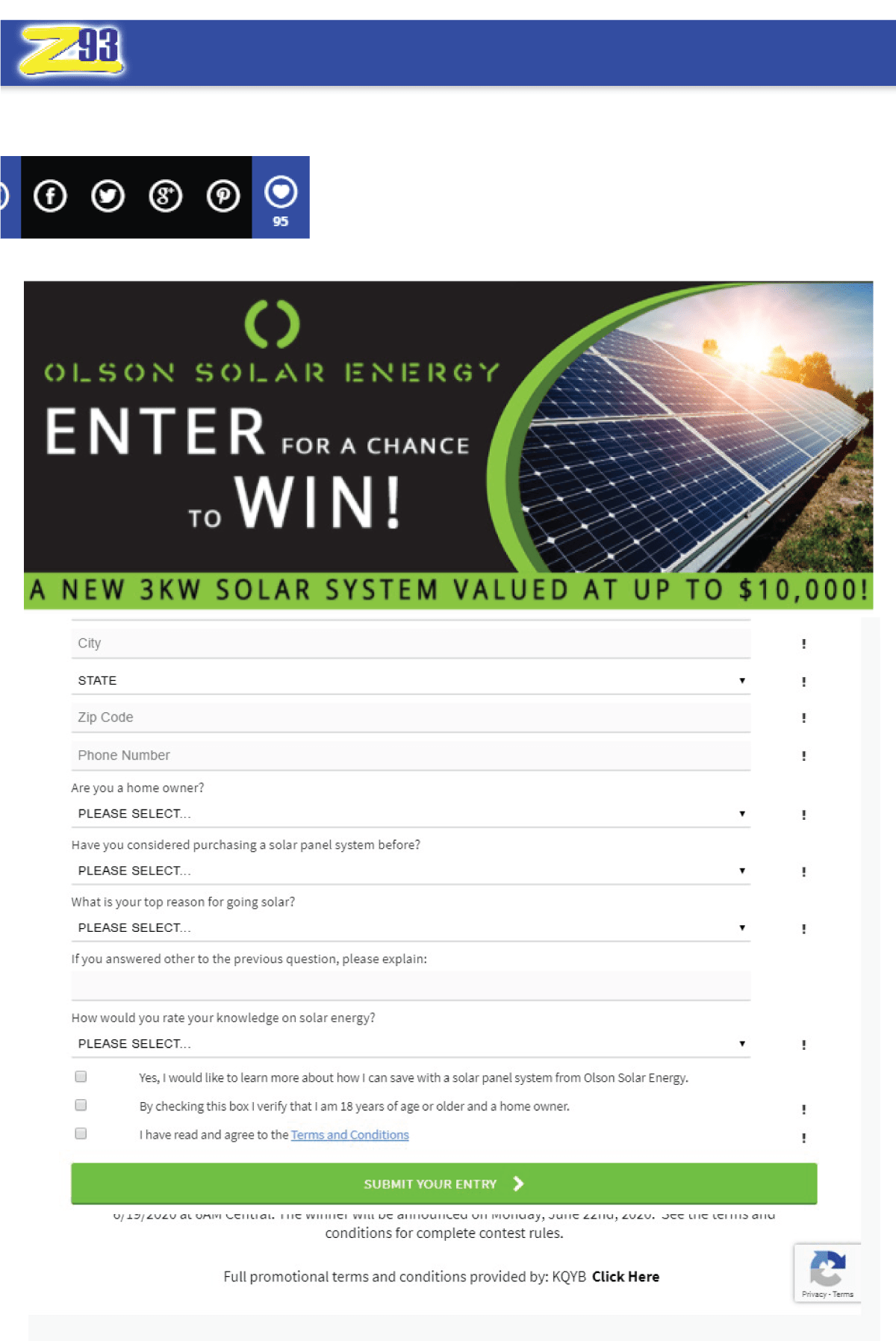 Olson Solar Energy contest form